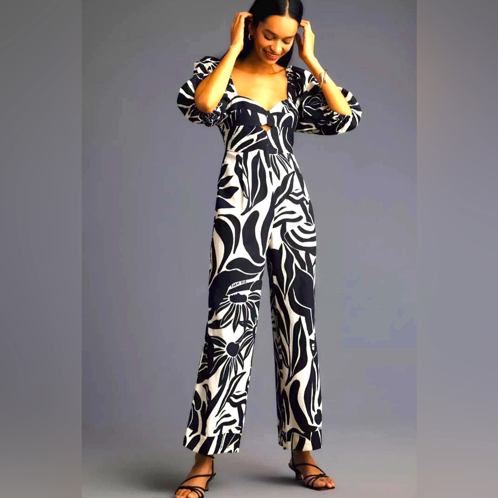 Farm Rio X New Anthropologie Puff-Sleeve Printed Linen Jumpsuit Size S NWOT